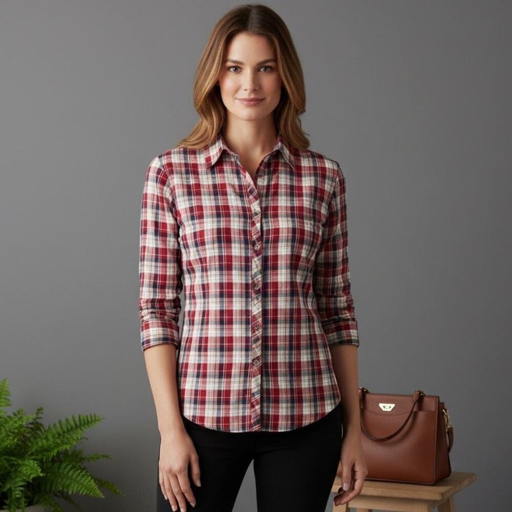 Vintage Fiorlini International Woven Plaid Shirt Womens Sz Small Red 100% Cotton